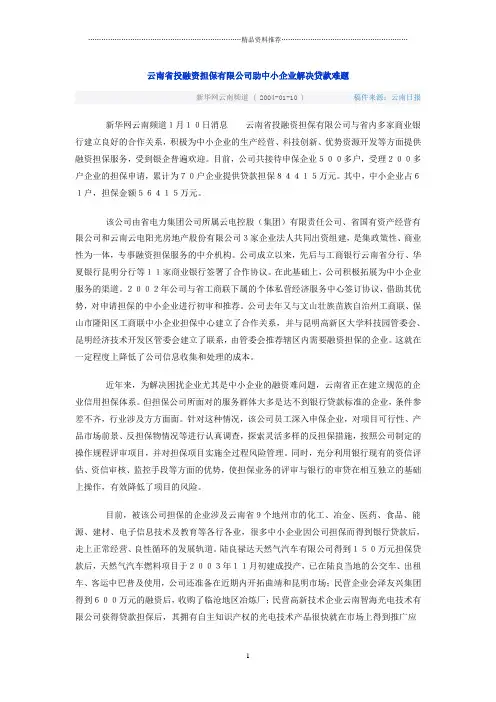 云南省投融资担保有限公司助中小企业解决贷款难题