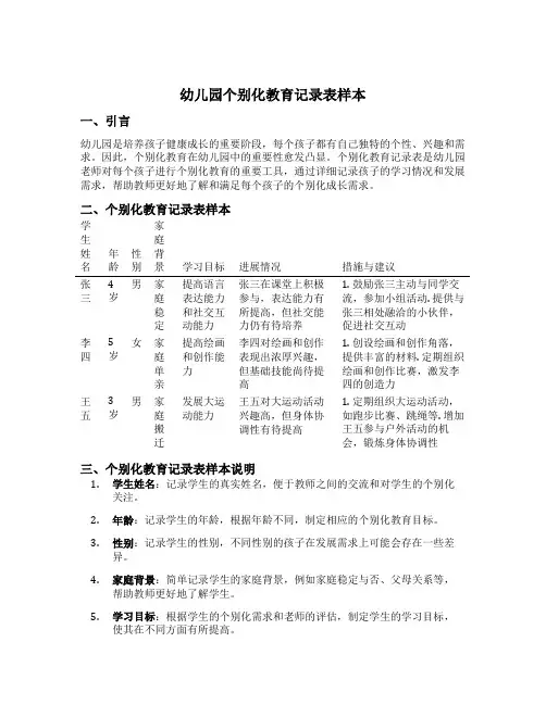 幼儿园个别化教育记录表样本
