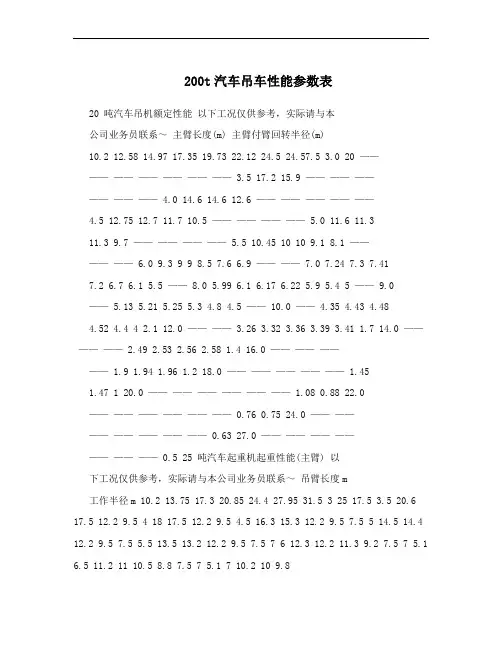 200t汽车吊车性能参数表