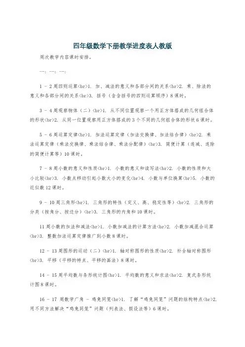 四年级数学下册教学进度表人教版
