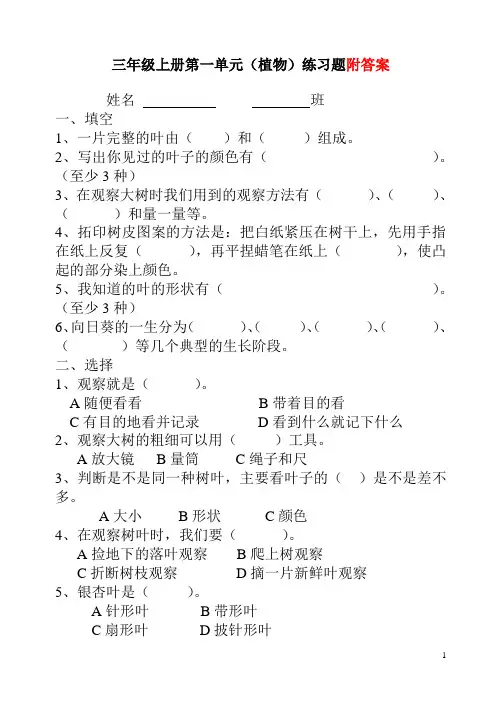 教科版科学三年级上册第一单元练习题