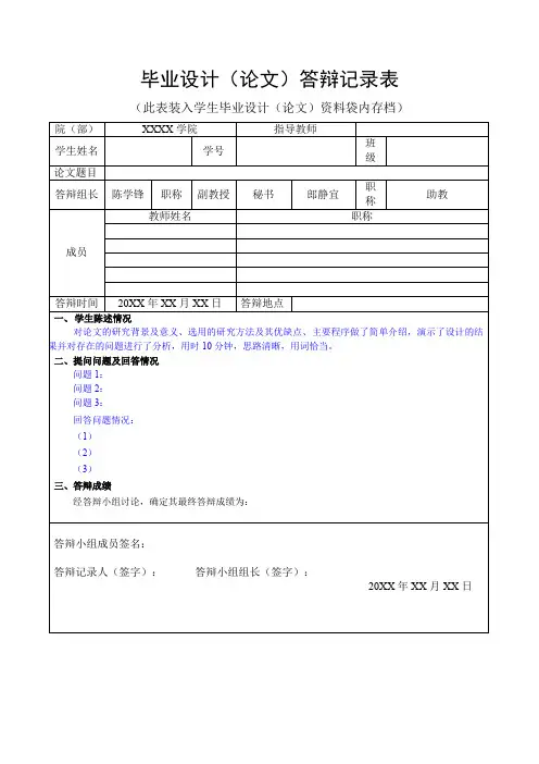 毕业设计(论文)答辩记录表