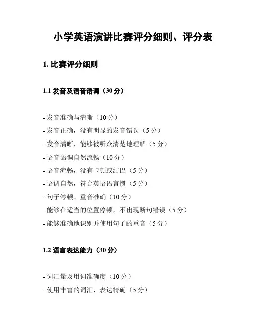 小学英语演讲比赛评分细则、评分表