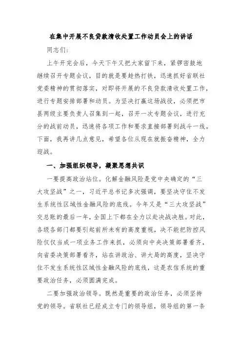 在集中开展不良贷款清收处置工作动员会上的讲话