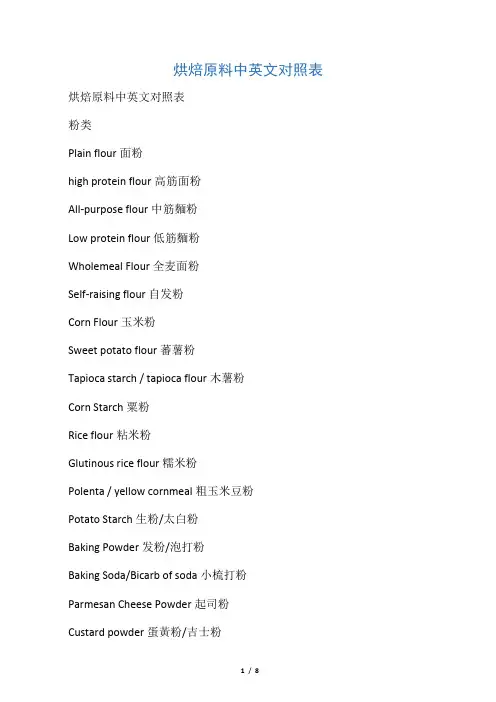 烘焙原料中英文对照表