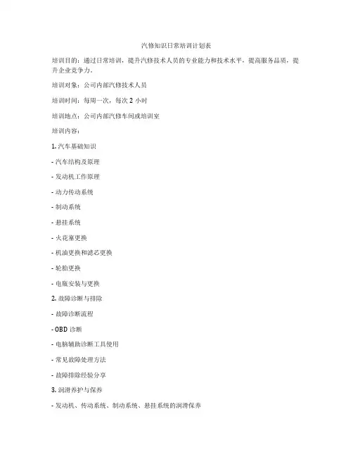 汽修知识日常培训计划表