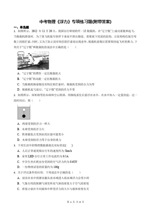 中考物理《浮力》专项练习题(附带答案)