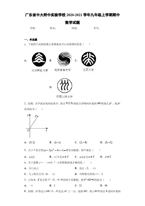 广东省中大附中实验学校2020-2021学年九年级上学期期中数学试题