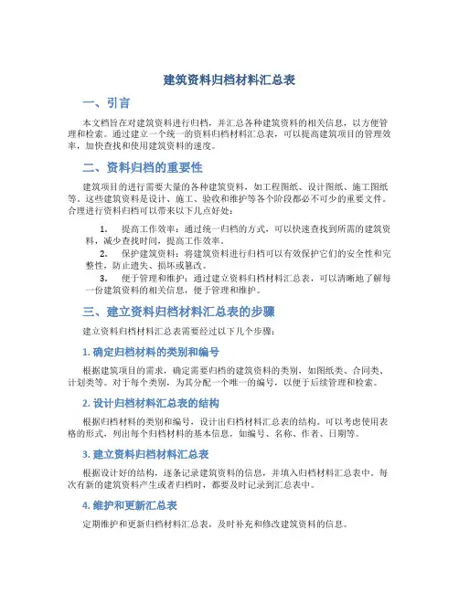 建筑资料归档材料汇总表