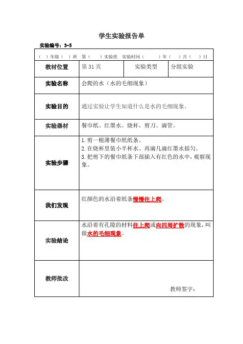 科学三年级上册分组实验报告单5：会爬的水(水的毛细现象)