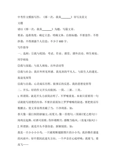中考作文模拟写作：《那一次,我真_______》导写及范文
