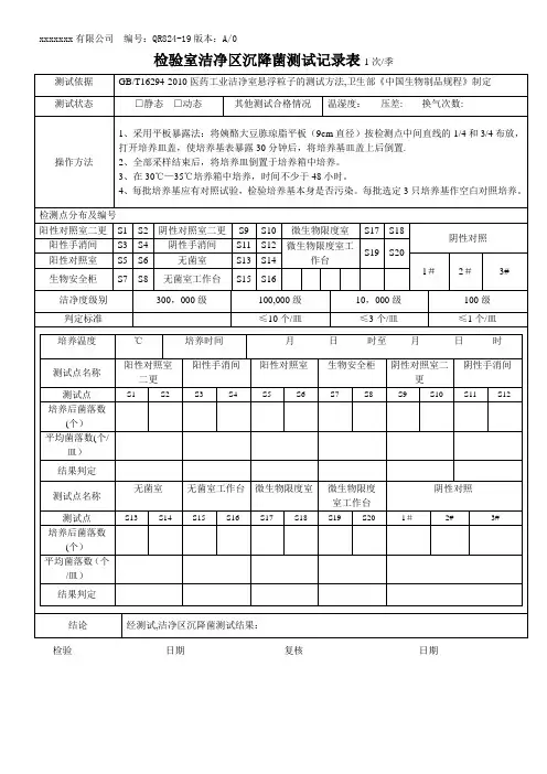 检验室洁净区沉降菌测试记录表