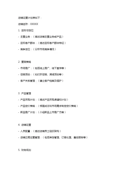 店铺运营计划表