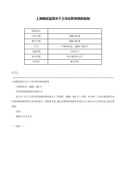 上海银保监局关于王玮任职资格的批复-沪银保监复〔2020〕285号