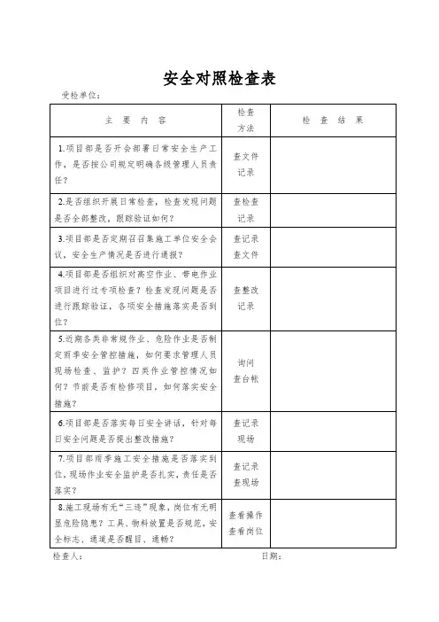 安全对照检查表