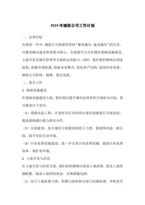 2024年城投公司工作计划
