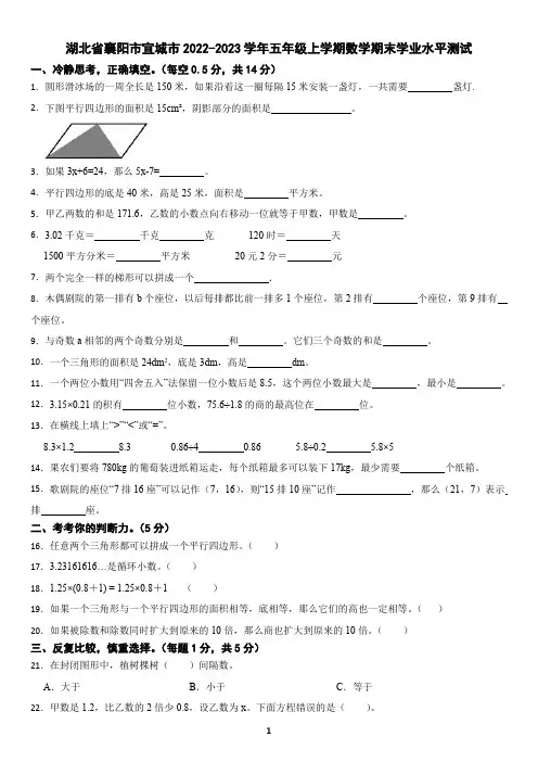 湖北省襄阳市宜城市2022-2023学年五年级上学期数学期末学业水平测试