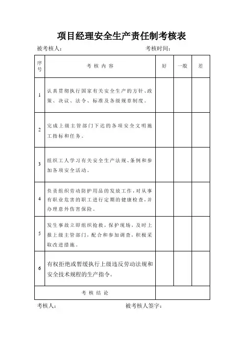 项目经理安全生产责任制考核表
