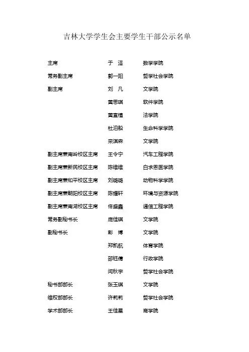 吉林大学学生会主要学生干部公示名单