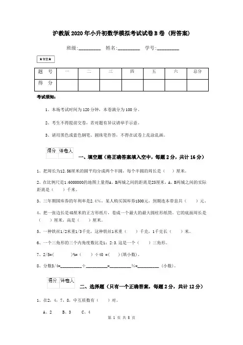 沪教版2020年小升初数学模拟考试试卷B卷 (附答案)