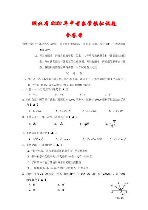 湖北省2020年中考数学模拟试题(含答案)【精品】