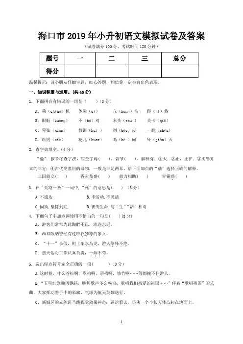 海口市2019年小升初语文模拟试卷及答案