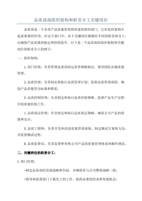 品质部部组织架构和职责分工关键岗位
