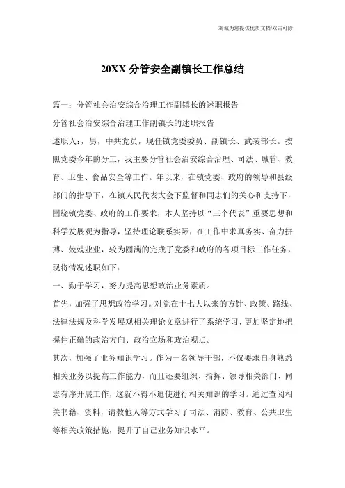 20XX分管安全副镇长工作总结