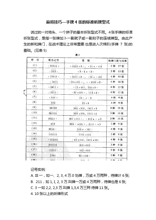 麻将技巧—手牌4张的标准听牌型式