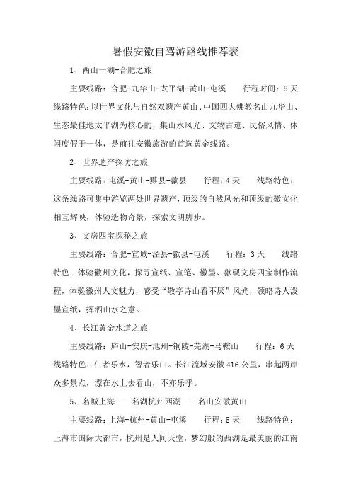 暑假安徽自驾游路线推荐表