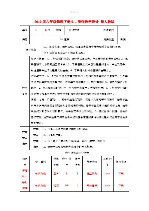 201X版八年级物理下册9.1压强教学设计 新人教版