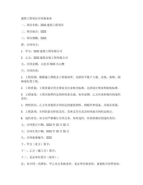 建筑工程项目合同备案表