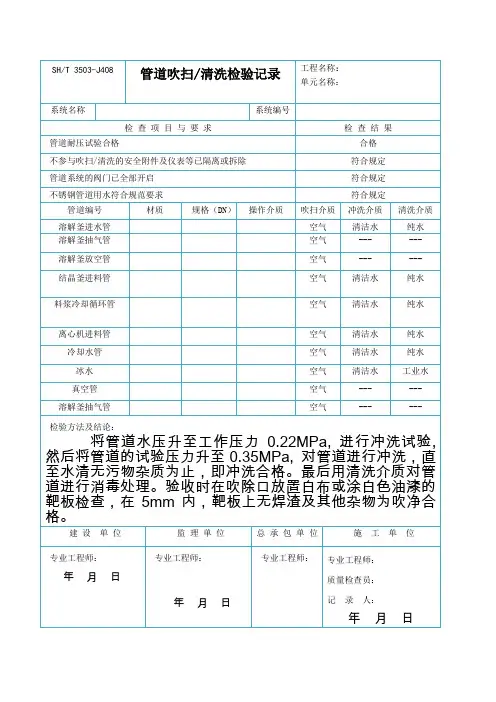 管道吹扫清洗检验表格模板