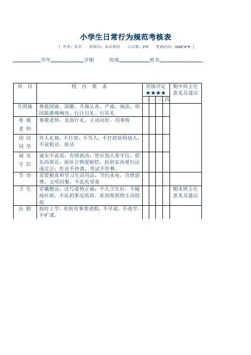 小学生日常行为规范考核表