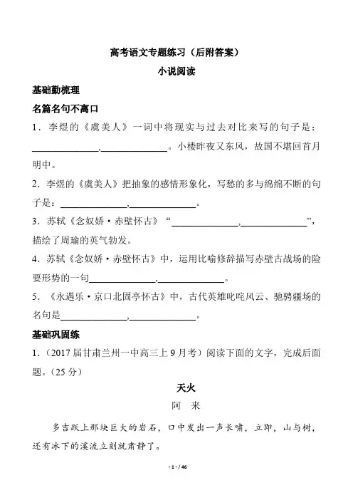 高考语文小说阅读专题练习高三复习后附答案解析