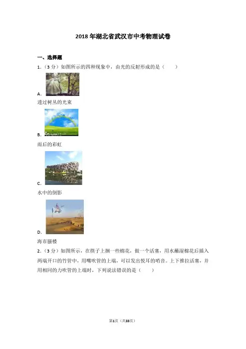 2018年湖北省武汉市中考物理试卷及解析