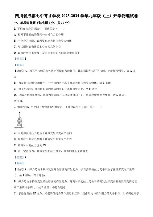 精品解析：四川省成都市七中育才学校2023-2024学年九年级上学期开学考试物理试题(解析版)