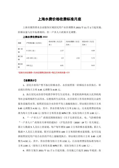上海水费价格收费标准月底