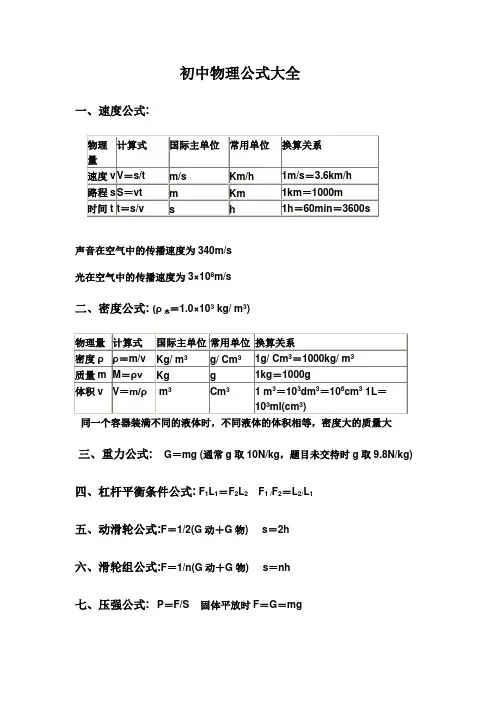初中物理公式大全