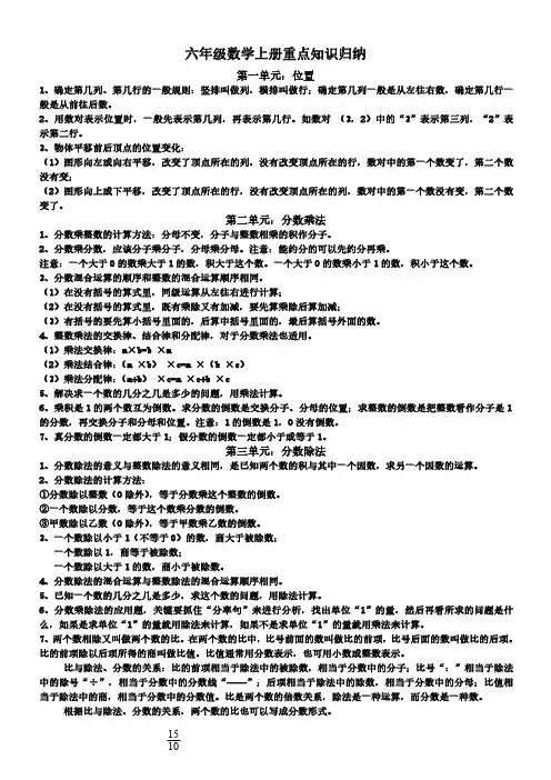 人教版小学六年级数学上下册重点知识归纳