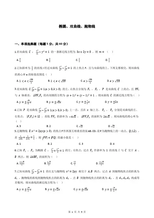 2020年高考数学专题提升：  椭圆、双曲线、抛物线(含答案)