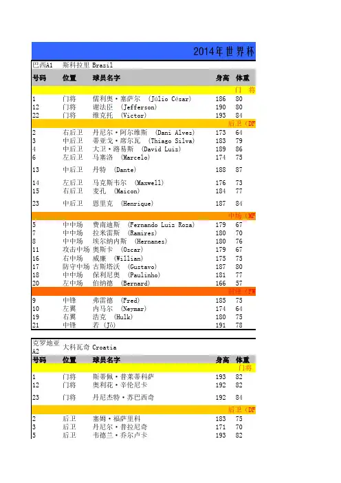 2014世界杯球员完全名单(最详细版本)