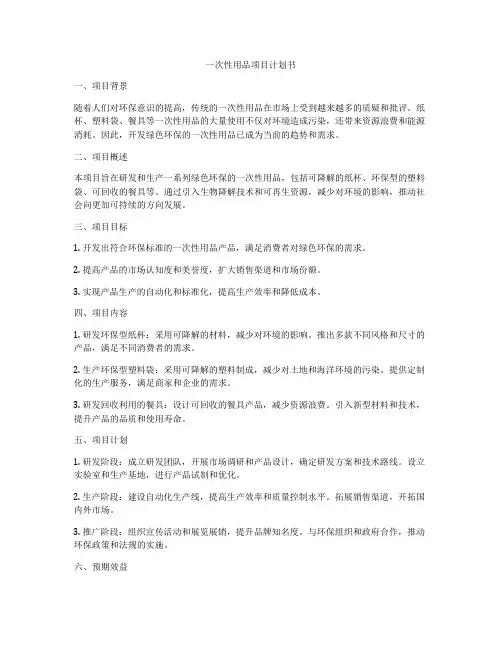 一次性用品项目计划书