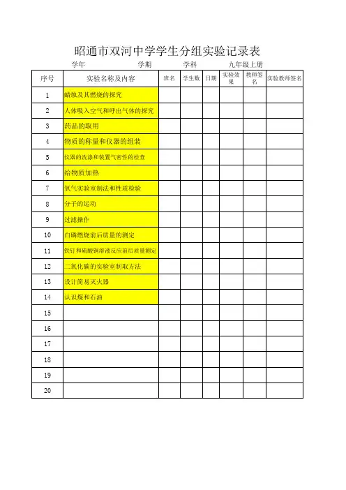 化学分组实验记录表