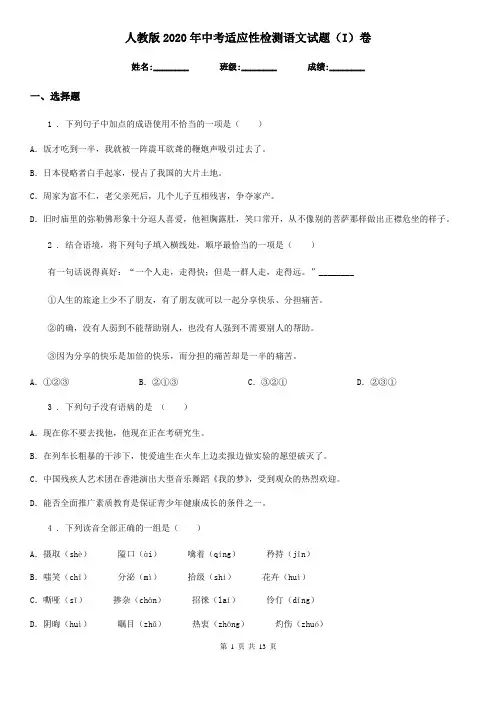 人教版2020年中考适应性检测语文试题(I)卷