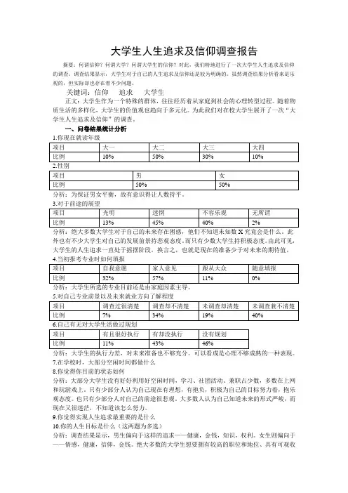 大学生人生追求及信仰状况调查报告