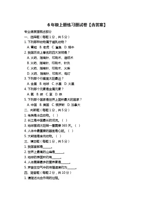 6年级上册练习册试卷【含答案】