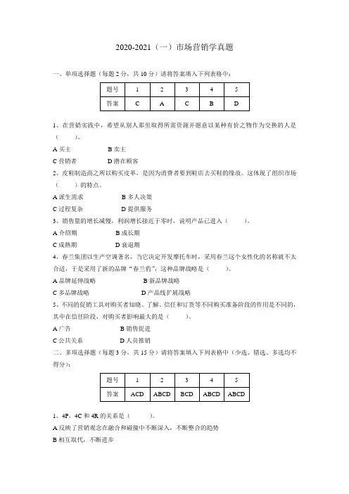市场营销学真题及答案2020-2021(一)