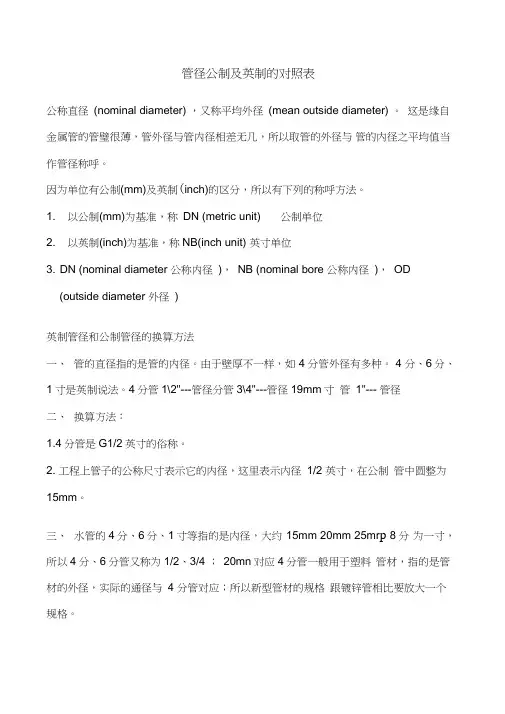 管径公制及英制的对照表
