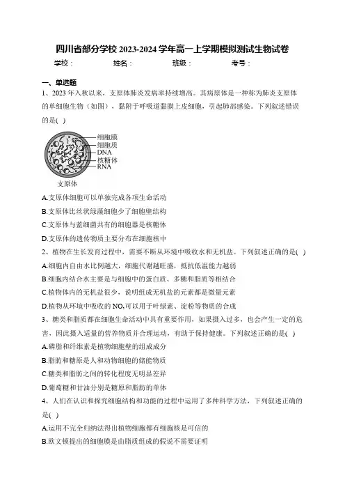 四川省部分学校2023-2024学年高一上学期模拟测试生物试卷(含答案)